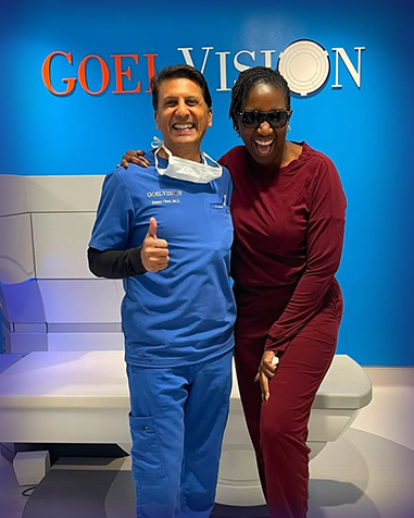 Dr. Sonny Goel with a happy patient after their LASIK surgery at Goel Vision, showcasing successful outcomes.