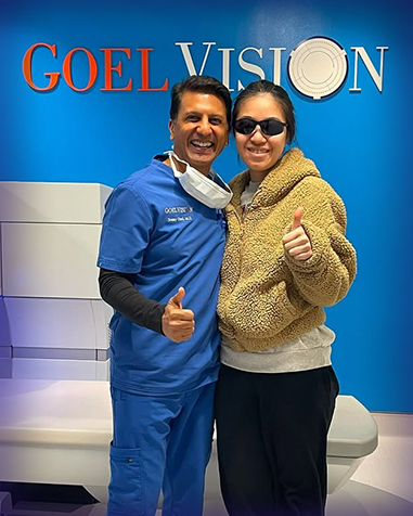 Dr. Sonny Goel with a happy patient after their LASIK surgery at Goel Vision, showcasing successful outcomes.