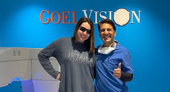 Dr. Sonny Goel posing with a patient after LASIK surgery, showcasing a successful experience at Goel Vision.